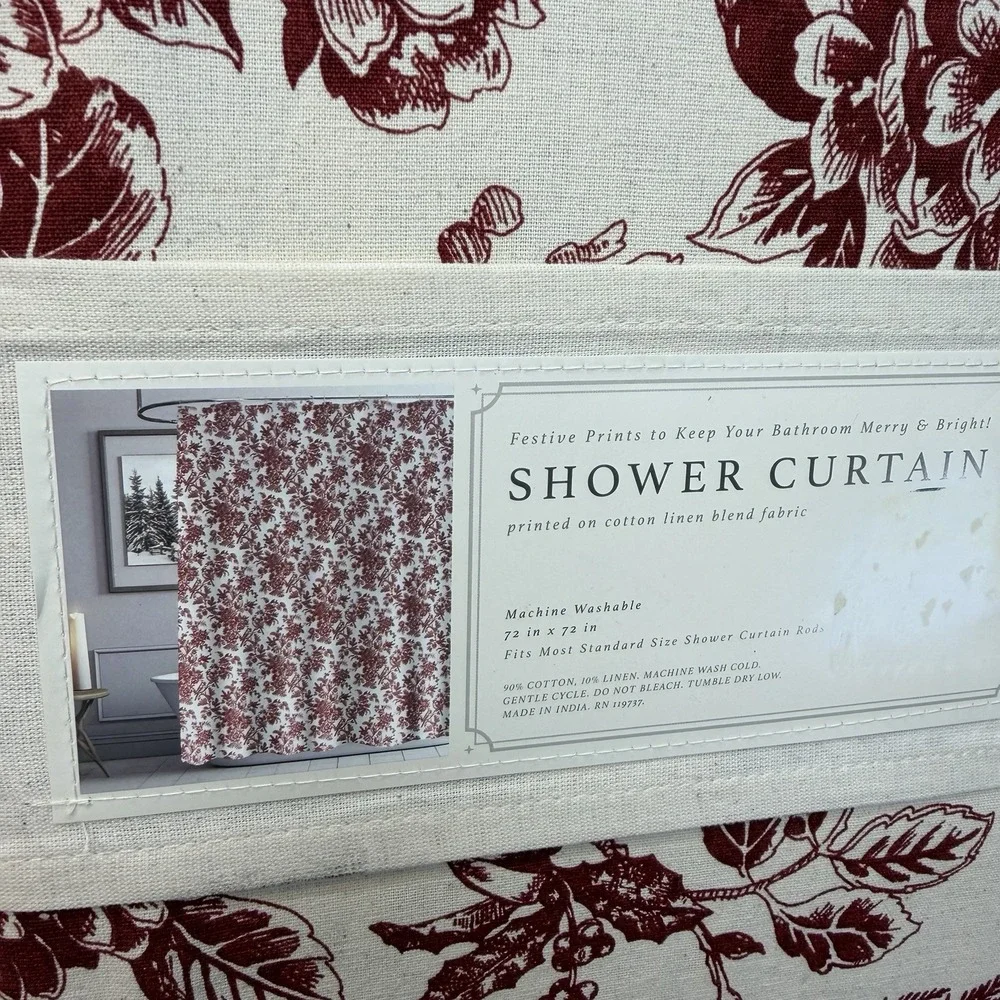 Envogue Holiday Collection Shower Curtain Cream Burgundy Winter Cardinal Toile